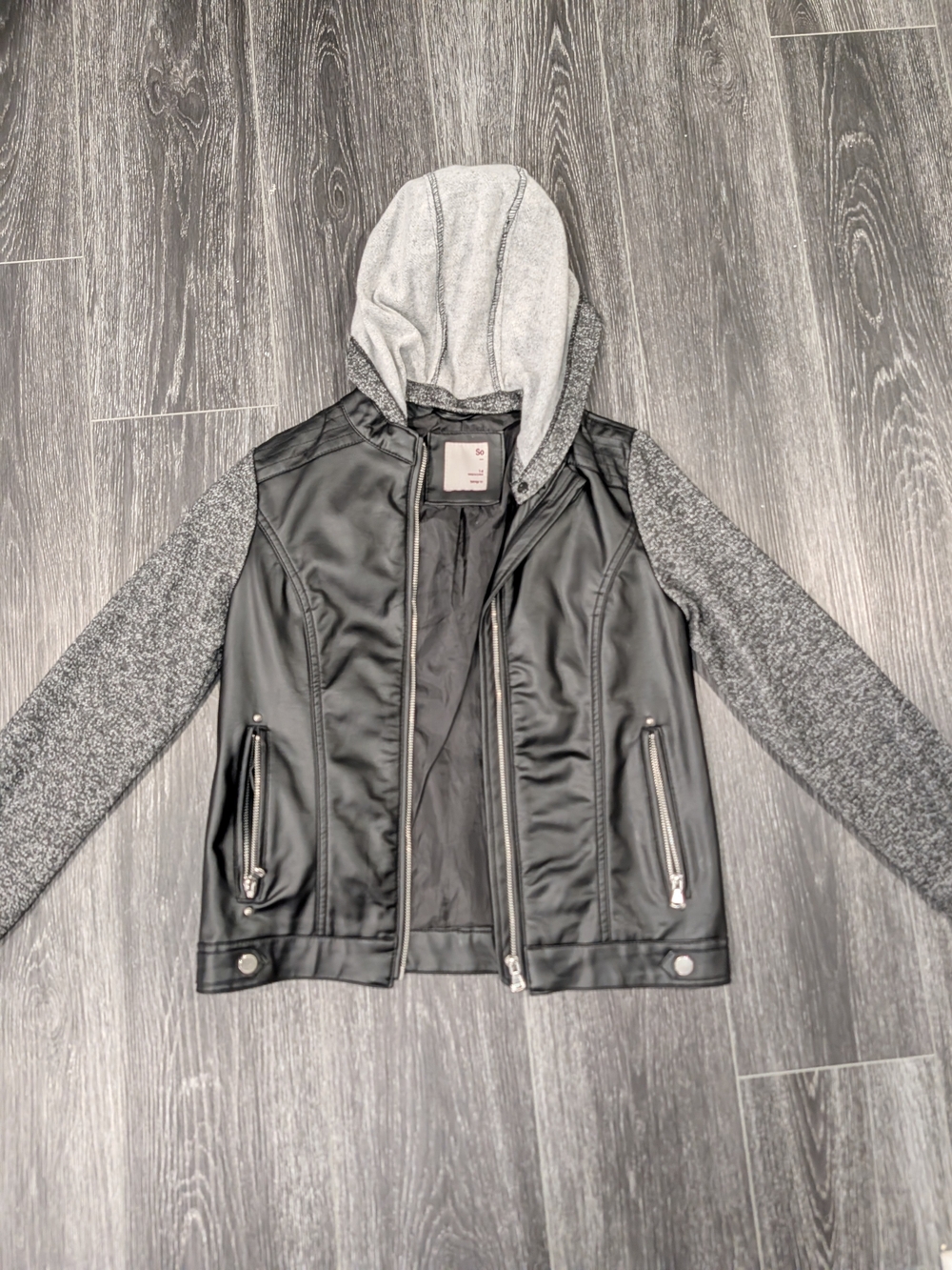 Hooded Faux Leather Jacket in Black & Gray Like New
